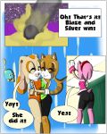 ! 1girl amy_rose anthro breast_squish breasts breasts_frottage chao cheese_the_chao closed_eyes clothed clothing comic cream_the_rabbit dialogue english_text fur furry gloves green_eyes hair hedgehog lagomorph mammal marine_the_raccoon pink_fur pink_hair rabbit raccoon sandunky sega shorts sport text video_games volleyball