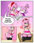  1girl amy_rose anthro ass blaze_the_cat blush breasts cat clothed clothing comic dialogue duo english_text feline female/female fur furry gloves green_eyes hair hedgehog mammal navel nipples pink_fur pink_hair purple_fur pussy raised_shirt sandunky sega skirt text undressing yellow_eyes 