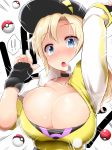  ! 1girl baseball_cap black_gloves blonde_hair blue_eyes blush breasts choker cleavage female_protagonist_(pokemon_go) fingerless_gloves gloves hands_up hat highres large_breasts long_hair mizuyan open_mouth poke_ball pokemon pokemon_go ponytail solo 