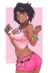 1girl ass bangs bead_necklace beads beautiful black_hair blue_nails bracelet breasts crop_top dark_skin earrings grey_eyes holding holding_poke_ball holding_ultra_ball iahfy jewelry lipstick looking_at_viewer lychee_(pokemon) makeup medium_breasts midriff nail_polish neck_ring necklace olivia olivia_(pokemon) poke_ball pokemon pokemon_(game) pokemon_sm pretty short_hair short_shorts shorts sleeveless solo swept_bangs tumblr ultra_ball