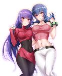 2girls akira_(natsumemo) alluring arm_around_waist ass_visible_through_thighs belt black_bodysuit breast_press breasts cleavage commentary_request covered_navel dress dual_persona long_hair looking_at_viewer midriff multiple_girls natsume_(pokemon) navel pants pantyhose pokemon pokemon_(game) pokemon_frlg pokemon_hgss purple_hair sabrina simple_background smile thigh_gap tight tight_dress tight_pants very_long_hair white_background