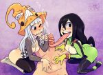 1boy 2_girls alternate_legwear areola asui_tsuyu black_eyes black_hair blush boku_no_hero_academia breasts cum ejaculation eruka_frog fellatio frog_girl gradient gradient_background hair_between_eyes hat long_hair long_tongue looking_at_viewer monster_girl multiple_girls my_hero_academia my_pet_tentacle_monster nipples oral penis silver_hair soul_eater stockings sweatdrop teeth tongue tongue_out tonguejob tsuyu_asui uncensored very_long_tongue witch_hat