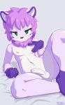 1girl anthro black_nose blue_eyes erection feline fur furry hair humanoid_penis kaitou lion looking_at_viewer male mammal mane navel nipples partially_retracted_foreskin penis pink_fur pink_hair purple_fur spread_legs spreading testicles uncut