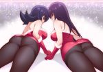 2girls akira_(natsumemo) ass bare_shoulders black_hair black_legwear blush breasts fur_trim gloves large_breasts long_hair looking_at_viewer looking_back multiple_girls natsume_(pokemon) pantyhose pokemon pokemon_(game) pokemon_frlg pokemon_hgss purple_hair red_eyes red_gloves sabrina thighband_pantyhose tumblr