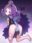 1girl acerola acerola_(pokemon) akira_(natsumemo) armlet ass convenient_censoring dress from_behind hair_ornament half_updo looking_back no_panties open_mouth pokemon pokemon_(game) pokemon_sm purple_dress purple_hair short_hair solo twitter