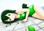  1girl 1girl :&gt; asui_tsuyu black_hair boku_no_hero_academia competition_school_swimsuit frog green_swimsuit hair_between_eyes long_hair low-tied_long_hair my_hero_academia one-piece_swimsuit swimsuit tsuyu_asui yuzeto 