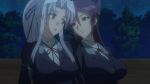 2girls anime babe big_breasts blazer bowtie breasts chikage_hizaki female female_only hizaki_chikage kiba_mikoto long_hair looking_at_another love mikoto_kiba multiple_girls night outside purple_eyes purple_hair school_uniform silver_hair smile tree triage_x upper_body yuri