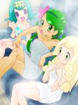 3girls blonde_hair blue_eyes blue_hair braid collarbone crossed_legs dark_skin green_eyes green_hair highres lana lillie lillie_(pokemon) looking_at_another mallow mallow_(pokemon) mao_(pokemon) multiple_girls naked_towel open_mouth pokemon pokemon_(anime) pokemon_(game) pokemon_sm pokemon_sm_(anime) ruriruri sauna sitting smile suiren_(pokemon) towel twin_braids twintails