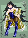 1girl :d aqua_eyes areola black_hair blue_boots boots breastless_clothes breasts breasts_outside brown_legwear coat domino_mask fur_coat fur_trim glasses high_heel_boots high_heels leopard_print long_hair mask midnight_(my_hero_academia) my_hero_academia nail_polish nipples open_mouth pantyhose red_nails simple_background smile stockings syrup21g text thigh_high_boots translation_request