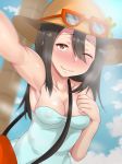  1girl armpits bad_id black_hair blush breasts covered_nipples hair_between_eyes highres long_hair npc one_eye_closed outstretched_arm pokemon pokemon_(game) pokemon_sm self_shot selfie selfpic shinkuso-kun sightseer sightseer_(pokemon) smile solo sunglasses wink 