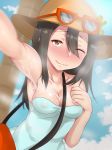  1girl armpits bad_id black_hair blush breasts covered_nipples cum cum_on_body cum_string hair_between_eyes highres long_hair npc one_eye_closed outstretched_arm pokemon pokemon_(game) pokemon_sm self_shot selfie selfpic shinkuso-kun sightseer sightseer_(pokemon) smile solo sunglasses wink 