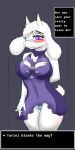 1girl 1girl 2016 anthro big_breasts blush boss_monster breasts caprine chest_tuft clothed clothing digital_media_(artwork) eyelashes eyewear fur furry glasses goat hair high_res horn kemono long_ears looking_at_viewer mammal milkteafox panties panty_shot purple_eyes simple_background smile text toriel tuft undertale underwear video_games white_fur wide_hips