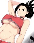 1boy 1girl :< arm_up bare_shoulders big_breasts black_eyes black_hair blush boku_no_hero_academia breasts cheerleader choker crop_top crop_top_overhang erect_nipples groin hair_up high_res long_hair looking_at_viewer lying midriff mineta_minoru minoru_mineta moisture_(chichi) momo_yaoyorozu my_hero_academia navel on_back shiny shiny_skin shitapai solo_focus sweatdrop toned underboob underboob* white_background yaoyorozu_momo