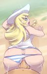  1boy 1girl ass blonde_hair butt_crack clothed_sex doggy_position hetero high_res lexorez lillie lillie_(pokemon) panties panties_aside penis pokemon sex skindentation striped striped_panties uncensored underwear vaginal 