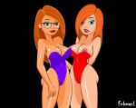  2_girls ann_possible areola arm arms arms_behind_back artist_name ass babe bare_arms bare_legs bare_shoulders big_breasts black_background blue_eyes breasts brown_hair cleavage clothed_navel covered_navel digital_media_(artwork) disney earrings eyebrows female_only fnbman glasses green_eyes hair_over_one_eye jewelry kim_possible kimberly_ann_possible legs leotard lips lipstick long_hair looking_at_viewer makeup mother_&amp;_daughter multiple_girls neck nipple_slip nipples open_mouth orange_hair purple_leotard red_leotard red_lipstick round_teeth shaved_pussy shiny shiny_skin simple_background standing strapless strapless_leotard swimsuit teeth 