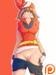 bandana big_breasts bike_shorts blue_eyes breasts brown_hair gloves hairless_pussy haruka_(pokemon) lysergide may no_panties pants_down patreon pokemon pussy tease uncensored