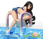 1girl 3: ass asui_tsuyu barefoot black_eyes black_hair blue_swimsuit boku_no_hero_academia cameltoe feet flower lily_pad long_hair lotus my_hero_academia noill one-piece_swimsuit partially_visible_vulva pool soles swimsuit toes tsuyu_asui