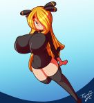 big_breasts blonde_hair breasts covered_eye cynthia grey_eyes hair_ornament long_hair looking_at_viewer pale_skin pokemon pokemon_dppt shirona_(pokemon) simple_background tiger1001