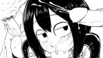 1girl anal asui_tsuyu black_eyes black_hair blush boku_no_hero_academia breasts cum cum_in_nose ejaculation eyelashes fellatio group_sex group_sex hair_between_eyes long_hair monochrome multiple_penises my_hero_academia oral penis pubic_hair sex short_hair tsuyu_asui uichi-chi uncensored