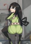 1girl 1girl 1girl ass asui_tsuyu backboob belt black_eyes black_hair blush blush_stickers bodysuit boku_no_hero_academia breasts eyelashes frog_girl from_behind hair_between_eyes hair_rings high_heels high_res long_hair long_tongue looking_back low-tied_long_hair my_hero_academia pantylines saku_(saku1151) shadow sitting tied_hair tongue tongue_out tsuyu_asui very_long_tongue