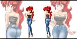  1girl alternate_costume art ass babe bare_shoulders big_breasts blue_eyes breasts cleavage collarbone formal full_body genderswap genderswap_(mtf) link12911291 link12911291_(artist) long_hair multiple_views pants ponytail ranma-chan ranma_1/2 ranma_saotome red_hair saotome_ranma strapless tubetop zoom_layer 