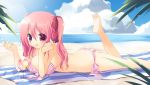 1girl :q anime bad_feet barefoot beach bikini blush breasts brown_eyes cloud error feet female food ice_cream large_breasts long_hair lying ocean on_stomach original pink_hair sand sazaki_ichiri sky smile soles solo striped striped_bikini striped_swimsuit swimsuit toes tongue tongue_out towel twintails