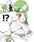 !? 0k0j0 1girl areolae big_breasts blood blush breasts gardevoir green_hair japanese_text nipples nosebleed nude onomatopoeia outie_navel panels pokemon pregnant red_eyes simple_background smile tagme white_background white_body