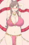  1girl big_breasts blush breasts brown_eyes brown_hair cleavage cosplay embarrassed exhibitionism fire_emblem fire_emblem:_awakening fire_emblem:_genealogy_of_the_holy_war fire_emblem_heroes fixed hair_ornament highres huge_breasts jewelry lene_(fire_emblem) lene_(fire_emblem)_(cosplay) long_hair looking_at_viewer midriff milf navel necklace nintendo no_bra no_panties no_underwear open_mouth plump raigarasu revealing_clothes smile sumia sweat thick_thighs thighs third-party_edit 