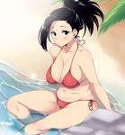 1girl beach big_breasts bikini black_eyes black_hair blush boku_no_hero_academia breasts cleavage collarbone gradient gradient_background halterneck high_res long_hair looking_at_viewer moisture_(chichi) momo_yaoyorozu my_hero_academia navel parted_lips partially_submerged plump ponytail red_bikini rock side-tie_bikini sitting swimsuit water wet yaoyorozu_momo