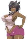 1girl bangs bead_necklace beads big_ass big_breasts black_hair blue_nails blush bracelet breasts cleavage contrapposto cowboy_shot crop_top curvy dark_skin dat_ass dayum earrings gem grey_eyes hand_on_hip highres hips huge_ass huge_breasts jewelry large_breasts lipstick lychee_(pokemon) makeup midriff nail_polish navel neck_ring necklace nightmare-doom olivia olivia_(pokemon) pokemon pokemon_(game) pokemon_sm purple_shorts shiny shiny_skin short_hair short_shorts shorts sleeveless smile solo swept_bangs white_background wide_hips