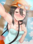  1girl armpits bad_id black_hair blush breasts covered_nipples cum cum_on_body cum_string depth_hair hair_between_eyes highres long_hair npc one_eye_closed outstretched_arm pokemon pokemon_(game) pokemon_sm self_shot selfie selfpic shinkuso-kun sightseer sightseer_(pokemon) smile solo sunglasses wink 