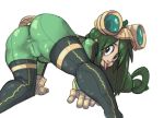 1girl 1girl :> :p all_fours ass asui_tsuyu black_eyes black_hair bodysuit boku_no_hero_academia boots colored frog_girl from_behind gloves goggles goggles_on_head green_hair long_hair monster_girl my_hero_academia stockings thigh_high_boots tongue tongue_out tsuyu_asui zsky