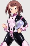 1girl 1girl 774_(nanashi) bangs belt blush bodysuit boku_no_hero_academia boots bracer breasts brown_eyes brown_hair clenched_hand cowboy_shot embarrassed grey_background headwear_removed helmet helmet_removed holding impossible_clothes knee_boots legs_apart looking_at_viewer my_hero_academia ochako_uraraka shiny shiny_clothes short_hair sidelocks simple_background small_breasts stockings sweatdrop thigh_high_boots uraraka_ochako wavy_mouth