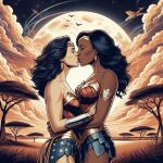 2_girls alternate_costume amazon armlet bangs bare_shoulders big_breasts black_hair blue_skirt bracer breasts closed_eyes cloud collarbone cosplay couple dark-skinned_female dark_skin dc_comics diana_prince duo earrings female/female female_only freivolk freivolk_(artist) full_moon gold_armlet gold_jewelry grass height_difference heroine hugging interracial interracial_couple interracial_yuri jewelry justice_league justice_league_(2017_film) kissing lasso_of_truth light-skinned_female light_skin long_hair love medium_breasts miniskirt moon multiple_girls mutual_yuri nature neck night night_sky nubia_(dc) nubia_(wonder_woman) nubia_of_themyscira_(zahavah) outside parted_bangs pleated_skirt red_tubetop romantic romantic_couple rope savanna silver_bracer silver_jewelry skirt sky standing star star_(symbol) star_print straight_hair strapless superhero_costume superheroine themysciran tiara tree tubetop wonder_woman wonder_woman_(2017_film) wonder_woman_(cosplay) wonder_woman_(series) yuri