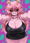 1girl boku_no_hero_academia boku_no_hero_academia_(finale) breasts cleavage dress female_only grin huge_breasts long_hair looking_at_viewer mina_ashido mole_on_breast my_hero_academia my_hero_academia_(finale) pink_body pink_hair post-timeskip seireiart smile smiling_at_viewer thick_thighs thighs wide_hips