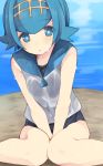  1girl beach between_legs blue_eyes blue_hair blush bright_pupils hairband hand_between_legs highres lana looking_at_viewer nigo_(aozoragarou) nigou_(aozoragarou) ocean one-piece_swimsuit pokemon pokemon_(game) pokemon_sm sailor_collar sand shirt short_hair sitting sleeveless sleeveless_shirt solo suiren_(pokemon) swimsuit swimsuit_under_clothes trial_captain water wet wet_clothes 