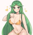 1girl alluring artist_logo artist_name bare_shoulders big_breasts bikini blush forehead_jewel gold_bikini green_eyes green_hair heart high_res jewelry kid_icarus logo long_hair looking_at_viewer luci_(purrlucii) midriff navel nintendo palutena parted_bangs purrlucii sidelocks sitting smile swimsuit very_long_hair white_background