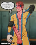 1boy 2025 blue_eyes blush dispatch_(game) drawthread_request english_text huge_penis human hung male_focus mexicartist penis penis_out pov short_hair shy solo_male speech_bubble waterboy_(dispatch) wet yaoi