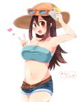  1girl :d bangs bare_arms bare_shoulders belt blush breasts brown_hair cellphone cleavage collarbone fang flower groin hair_between_eyes hat hat_flower heart hibiscus holding holding_phone large_breasts long_hair navel npc npc_trainer open_mouth orange_eyes phone pokemon pokemon_(game) pokemon_sm self_shot shizuku_(boshi) short_shorts shorts sightseer sightseer_(pokemon) simple_background smartphone smile solo strapless sun_hat sunglasses tongue tubetop v white_background 