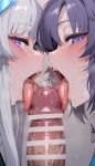  1boy 2_girls ai_generated bisexual bisexual_(female) blue_archive blush close-up close_up cooperative_fellatio double_fellatio fellatio group group_sex light-skinned_female light_skin lips looking_at_viewer nikumist noa_(blue_archive) open_mouth oral oral_sex penis pov pov_male precum saliva sensei_(blue_archive) sweat sweatdrop sweating threesome tongue tongue_out veiny_penis yuri yuuka_(blue_archive) 