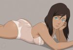  1girl alternate_costume ass bangs bare_arms bare_legs bare_shoulders big_ass blue_eyes breast_press breasts brown_hair closed_mouth dark-skinned_female dark_skin female_only female_solo grey_background hair_between_eyes hair_down hand_up head_tilt korra legs legs_together leotard lingerie lips lipstick long_hair looking_at_viewer lying lying_on_stomach makeup medium_breasts mrfluffypotato neck nickelodeon on_stomach pink_lipstick see-through see-through_clothes see-through_leotard shadow simple_background smile swept_bangs the_legend_of_korra* thighs water_tribe white_leotard white_lingerie 