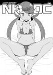 1girl bed bed_sheet bikini breasts cleavage comic dark_skin flower greyscale hair_flower hair_ornament long_hair looking_at_viewer mallow mallow_(pokemon) mao_(pokemon) monochrome pokemon pokemon_(game) pokemon_sm sitting solo spread_legs swimsuit tagme tamagoroo_(funifuni_labo) trial_captain twintails twitter