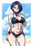  1girl 1girl abs absurd_res alluring alternate_costume artist_name athletic_female bare_arms bare_shoulders beach big_breasts bikini black_bikini black_choker blue_hair breasts choker cleavage collarbone female_abs fire_emblem fire_emblem:_three_houses fit_female gluteal_fold hand_on_own_chest high_res intelligent_systems navel nintendo ocean outside purple_eyes rotomdocs shamir_nevrand short_hair side-tie_bikini_bottom sideboob skindentation stomach swimsuit thick_thighs thighs 