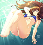  1girl 2025 alluring arm_behind_head artist_name bare_legs big_breasts bikini brown_eyes brown_hair danmakuman dated day dead_or_alive dead_or_alive_2 dead_or_alive_3 dead_or_alive_4 dead_or_alive_5 dead_or_alive_6 dead_or_alive_xtreme_venus_vacation dot_nose english_commentary full_body high_res kasumi kasumi_(doa) knees_up kunoichi legs_together long_hair looking_at_viewer naked_from_the_waist_down parted_lips sidelocks signature silf submerged sunlight tecmo uncensored variant_set water 