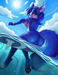 1girl 4_toes absurd_res accessory anthro areola ass black_claws black_nose black_pawpads blue_body blue_fur blue_hair blue_sky bracelet breasts bubble canid canine claws cloud countershade_face countershade_torso countershading day digital_media_(artwork) dipstick_tail exposure_variation eyebrows eyelashes feet female fox fur genitals hair hair_accessory hairband high_res inner_ear_fluff jewelry krystal_(star_fox) lightly-san looking_at_viewer looking_back looking_back_at_viewer low-angle_view mammal markings multicolored_tail nintendo nipples nude nude_anthro nude_female outside partially_submerged pawpads paws pink_areola pink_nipples shaded short_hair sky smile smiling_at_viewer soles solo star_fox surfboard tail tail_markings teal_eyes toe_claws toes tribal tribal_markings tuft underwater vulva water waterline_view wet white_body white_countershading white_fur white_tail_tip