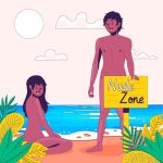  1boy 1girl adam_and_eve ass censored green_eyes island nude nude_female penis purple_hair 