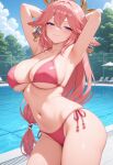  1girl ai_generated arms_behind_head big_breasts bikini blush breasts cleavage earrings female_only fox_ears fox_girl genshin_impact hair_accessory hair_ornament head_accessory head_ornament long_hair outdoor_pool outside pink_bikini pink_hair pool poolside purple_eyes smile solo_female vegaforge yae_miko_(genshin_impact) 