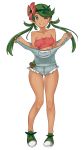 1girl bare_legs bare_shoulders blush breasts dark_skin flower full_body green_eyes green_hair hair_flower hair_ornament highres kei_(soundcross) long_hair looking_at_viewer mallow mallow_(pokemon) mao_(pokemon) one_eye_closed overalls pokemon pokemon_(game) pokemon_sm smile solo standing strapless trial_captain tubetop twintails wink