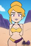 1girl 1girl 1girl ai_generated arm_behind_head artist_name beach bikini blonde_hair blue_sky blush breasts cleavage clothing cowboy_shot day gameoverse hair_bun half-closed_eyes hand_on_own_hip lipstick littlehentai looking_at_viewer makeup medium_breasts miss_information_(gameoverse) navel outside purple_bikini purple_eyes purple_lips sand savitar savitar_(artist) single_hair_bun sky smile standing swimsuit yellow_bikini