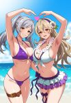 2girls :d alluring arm_up asymmetrical_docking belt big_breasts bikini black_hairband blonde_hair blush breast_press breasts brown_eyes brown_gloves cleavage commentary_request corrin_(fire_emblem) corrin_(fire_emblem)_(female) corrin_(summer)_(fire_emblem)_(female) fire_emblem fire_emblem_awakening fire_emblem_fates fire_emblem_heroes fire_emblem_warriors flower gloves hair_between_eyes hair_flower hair_ornament hairband high_res intelligent_systems jewelry long_hair looking_at_viewer medium_breasts monta multiple_girls navel nintendo o-ring o-ring_bikini official_alternate_costume open_mouth pointy_ears purple_bikini red_eyes robin_(fire_emblem) robin_(fire_emblem)_(female) robin_(summer)_(fire_emblem)_(female) smile standing swimsuit thigh_belt thigh_strap thighs tongue twin_tails white_bikini white_hair